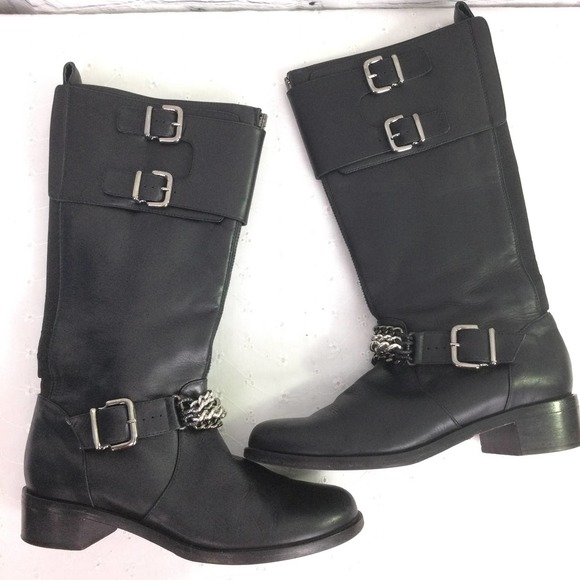 Claudia Ciuti Women's Buckles Chain Link Block Heel Black Leather Calf Boot 7.5 - Picture 5 of 15